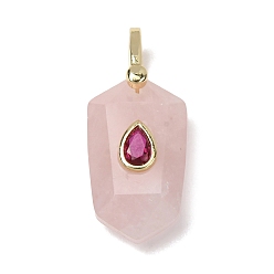 Rose Quartz Natural Rose Quartz Pendants, Faceted Hexagon Charms with Brass Micro Pave Cubic Zirconia Findings, Golden, 32.5x14.5x9mm, Hole: 4.5x6.5mm