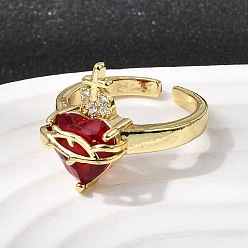 Золотой Открытые манжеты из латуни с микропаве и кубическим цирконием, со стеклом, сердце, долговечный, без кадмия и без свинца, золотые, размер США 7 1/4 (17.5 мм)