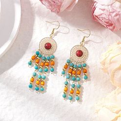 Красный 304 плоские круглые серьги-подвески из нержавеющей стали с синтетической бирюзой, с синтетическими бирюзовыми бусинами и стеклянными бусинами, золотые, красные, 81~81.5x18.5 мм