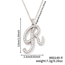 Letter R Элегантные модные латунные ожерелья с подвесками в виде алфавита из микропаве из прозрачных кубических цирконий, серебряный цвет гальваническим, Буква R, 15.75 дюйм (40 см)
