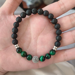 Смешанные камни Браслеты из круглых бусин для мужчин и женщин из натуральной риолитовой яшмы, лавового камня и кубического циркония., с синтетическим немагнитным гематитом, 7-3/8 дюйм (18.6 см)