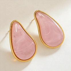 Pink 304 aretes de resina de acero inoxidable, lágrima, dorado, rosa, 34x21 mm
