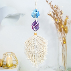 Апатит Хлопковый мешочек макраме в форме пера подвесные украшения, с натуральным апатитом и крупицами турмалина сливового цвета, 400~450 мм