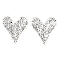 Platinum Brass Micro Pave Clear Cubic Zirconia Stud Earrings, Pave Cluster Earring, Heart, Platinum, 16mm