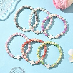 Mixed Color 6Pcs 6 Colors Baking Paint Synthetic Turquoise Round & Cross Beads Stretch Bracelets for Men Women, Mixed Color, Inner Diameter: 2-1/4 inch(5.6cm), 1pc/color
