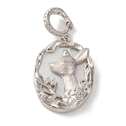 Real Platinum Plated Rhodium Plated 925 Sterling Silver Pave Natural Shell Oval Pendants, Deer Charms with 925 Stamp, Real Platinum Plated, 29mm, Hole: 5mm