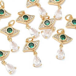 Chapado en Oro Real 18K Colgantes de latón con circonitas cúbicas de Shegrace, dijes de ojo con lágrima, sin cadmio, plomo, níquel, verde lima, real 18 k chapado en oro, 16.5x10.5x3 mm, agujero: 2.5 mm