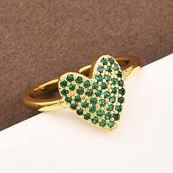 Зеленый Манжеты из латуни с микро паве кубический цирконий для женщин, формы сердца, долговечный, стойки покрытие, зелёные, 12x10 мм, регулируемый