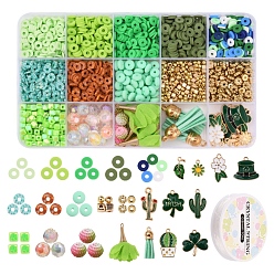 Зеленый Набор для изготовления браслета на весеннюю тематику своими руками, включая полимерную глину, акриловые и пластиковые бусины, подвески из железа и искусственной замши и сплава эмали, эластичная нить, зелёные, подвески: 15 шт / коробка