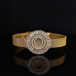 Letter O Латунные браслеты с микропаве из прозрачных кубических цирконий для женщин, плоские круглые с буквы, реальный 18 k позолоченный, Письмо O, 8-1/4 дюйм (21 см)