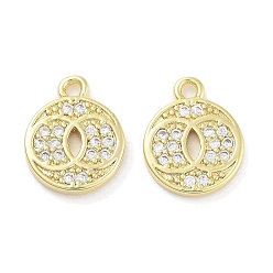 Настоящее золото 18K Латунные микропаве прозрачные подвески с фианитом, плоско-круглые, реальный 18 k позолоченный, 13x10x1.5 мм, отверстие : 1.2 мм