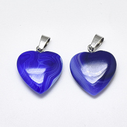 Blue Natural Banded Agate/Striped Agate Pendants, Dyed, with Stainless Steel Snap On Bails, Heart, Stainless Steel Color, Blue, 22~24x20~21x5~7mm, Hole: 3~4x7~8.5mm