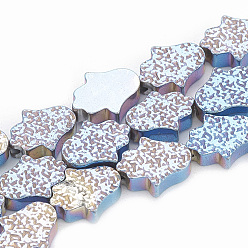 Azul Chapado Electroplate no magnéticas de hematita sintética hebras de cuentas, hamsa mano / mano de fatima / mano de miriam, azul chapado, 12~13x10~11x4~4.5 mm, agujero: 1.5 mm, sobre 32 unidades / cadena, 15.35 pulgada