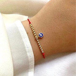 Красный Браслеты из латуни, регулируемые браслеты из красной нити со стеклянными подвесками в виде сглаза, красные, 11.02 дюйм (28 см)