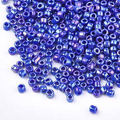 Blue Opaque Glass Seed Beads, Rainbow Plated, Round, Blue, 4mm, Hole: 1.5mm, about 4500pcs/bag