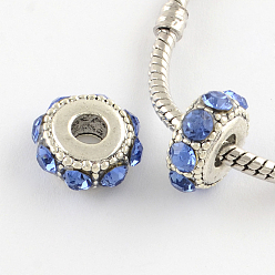 Свет Сапфира Плоские круглые античный посеребренные сплав горный хрусталь европейских бусы, бусины с большим отверстием, света сапфир, 14~15x6~7 мм, отверстие : 5 мм