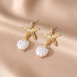 Золотой Серьги-гвоздики с подвесками из латуни и пластика в форме морской звезды и ракушки, с фурнитурой для сережек из сплава, золотые, 35x18 мм
