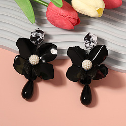 Черный Серьги-гвоздики из сплава и смолы, цветок с каплей, чёрные, 107x55 мм