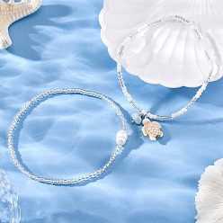 Turtle 2 летние эластичные браслеты на щиколотку из натурального жемчуга и круглых стеклянных бусин, Женские браслеты на ногу с подвесками из синтетической бирюзы и натурального аквамарина, белый и ясно, черепаха, внутренний диаметр: 3~3-1/8 дюйм (7.5~8 см), 1 шт / стиль, 2 шт / комплект