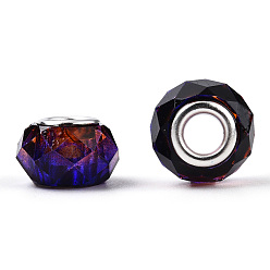 Седло Коричневый Прозрачный полимер европейские шарики, имитационные кристаллические, двухцветные бусины с большими отверстиями, с двойных ядер серебрянного цвета, граненые, рондель, седло коричневый, 14x8.5 мм, отверстие : 5 мм