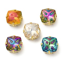Золотой Шить на горный хрусталь, многожильные звенья из стекла, хрусталя и стразов, с настройками латуни, аксессуары для одежды, граненые, квадратный, разноцветные, золотые, 13x13x7 мм, отверстие : 1 мм