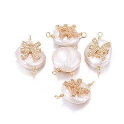 Pisces Natural Pearl Links connectors, with Brass Micro Pave Cubic Zirconia Findings, Flat Round with Constellation, Golden, Clear, Pisces, 20~26x9~17x5~11mm, Hole: 1.6mm