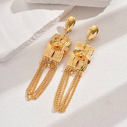 Rectangle Железа болтаться серьги, цепочка-оберег, реальный 18 k позолоченный, прямоугольные, 105x25 мм