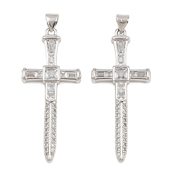 Platinum Brass Micro Pave Clear Cubic Zirconia Pendants, Sword Shaped Cross Charms, Cadmium Free & Lead Free, Platinum, 44x19x4mm, Hole: 5x3mm