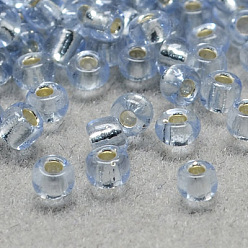 Светлый Стально-синий Fgb 6/0 круглый стеклянный бисер класса А, серебряная линия, светло-стальной синий, 6/0, 4x3 мм, отверстие : 1 мм, Около 4500 шт / фунт