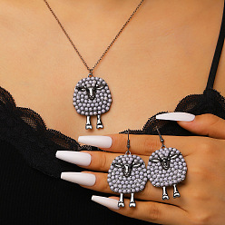Gunmetal Alloy & Plastic Imitation Pearl & Rhinestone Pendant Necklaces & Dangle Earrings, Sheep, Gunmetal, 480mm & 62x32mm