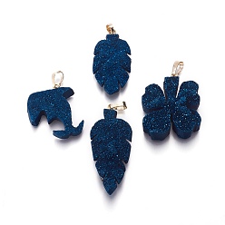 Prussian Blue Electroplated Natural Druzy Quartz Pendants, with Brass Findings, Mixed Shapes, Golden, Prussian Blue, 24~51x22~33x5~14mm, Hole: 5x7mm