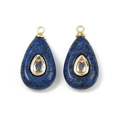 Sesame Jasper Dyed Natural Sesame Jasper Pendants, Teardrop Charms, with Brass Pave Cubic Zirconia Findings, Real 18K Gold Plated, Cadmium Free & Lead Free, Rack Plating, Long-Lasting Plated, Blue, 18~19x10x5~6.5mm, Hole: 1.4mm