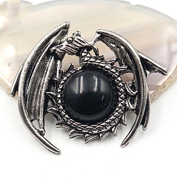 Black Agate Natural Black Agate(Dyed & Heated) Pendants, Dragon Charms, Antique Silver, 47x40mm