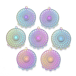 Rainbow Color Ионное покрытие (ip) 304 компоненты люстры из нержавеющей стали ссылки, гравированные металлические украшения, плоско-круглые, Радуга цветов, 23x19x0.4 мм, отверстие : 1.2 мм