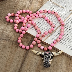 Имперская яшма Ожерелья из круглых бусин в стиле бохо с подвеской в виде головы коровы из смолы и страз, окрашенной в натуральный цвет императорской яшмы для женщин, розовый жемчуг, 33.86~34.65 дюйм (86~88 см)