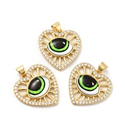Зелено-Желтый Подвески в форме сердца из латуни с прозрачным кубическим цирконием, с полимерным глазным яблоком, без кадмия, без никеля и без свинца, реальный 18 k позолоченный, зеленый желтый, 24x23x5 мм, отверстие : 3.5x5 мм
