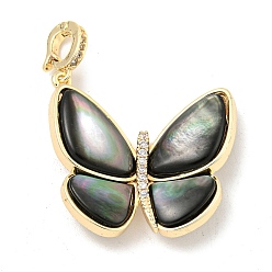 Real 18K Gold Plated Brass Micro Pave Clear Cubic Zirconia Pendants, Cadmium Free & Nickel Free & Lead Free, with Black Lip Shell, Butterfly Charms, Real 18K Gold Plated, 27.5x26x5.5mm, Hole: 4x3mm