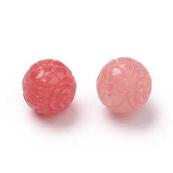 Light Coral Shell Beads, Imitation Jade, Dyed, Curved, Round with Flower and Leaf, Light Coral, 10mm, Hole: 1.6mm