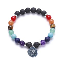 Colorful Alloy OM Symbol Charm Chakra Round Gemstone Beaded Stretch Bracelets, Platinum, Colorful, 7.28 inch(18.5cm)