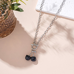 Черный Ожерелья с подвесками из вишневого цинкового сплава и пластика ccb, 304 из нержавеющей стали кабель цепи ожерелья, цвет нержавеющей стали, чёрные, 16.93 дюйм (43 см)