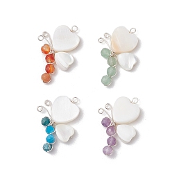 Серебро 4 шт. 4 стили граненые круглые подвески-бабочки из натурального сердолика, аметиста, апатита и зеленого авантюрина, обмотанные медной проволокой, с крыльями в форме сердца из натуральной ракушки трохид, серебряные, 29x19x4 мм, отверстия : 1.5 mm и 1.8 мм