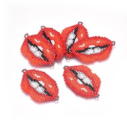 Red MIYUKI & TOHO Handmade Japanese Seed Beads Links, Loom Pattern, Lip, Red, 27~28x46~47x1.7mm, Hole: 2mm