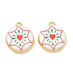 Red Printed Brass Pendants, Flat Round with Heart Charms, Rack Plating, Long-Lasting Plated, Lead Free & Cadmium Free, Real 18K Gold Plated, Red, 20x17.5x5mm, Hole: 2.5x1.5mm