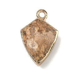Пейзажный Джаспер Естественного изображения яшмы подвески, латунные щиты-талисманы, граненые, золотые, 19.5x12.5x6~6.5 мм, отверстие : 1.8 мм