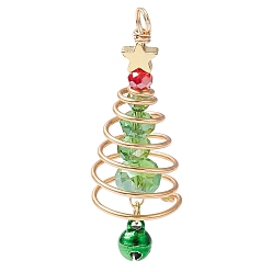 Зеленый Подвески из латуни и стекла, с латунным колокольчиком и золотой медной проволокой, зелёные, 46.5x15x15 мм, отверстие : 3.5 мм