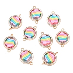Плоский Круглый Пластиковая рамка ccb с радужными бусинами из полимерной глины, подвесками-соединителями, с латунными двойными петлями, розовое золото , красочный, плоско-круглые, 21x15x4.5 мм, отверстие : 1.6 мм