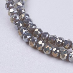 Gray Electroplate Glass Beads Strands, Full Rainbow Plated, Faceted, Rondelle, Gray, 3~3.5x2~2.5mm, Hole: 0.8mm, about 135~140pcs/strand, 14.6 inch(37cm)