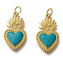 Dark Cyan Golden Tone Brass Enamel Pendants, with Jump Rings, Long-Lasting Plated, Heart, Dark Cyan, 22x12x3mm, Hole: 3.5mm