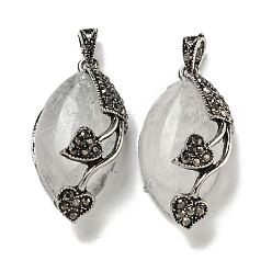 Хрусталь Подвески в виде конского глаза из натурального кварца и горного хрусталя, подвески в форме сердца из сплава со стразами и листьями, античное серебро, без кадмия и без свинца, 31x16x11.5 мм, отверстие : 5x3 мм