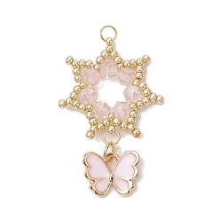 Pink Подвески-цветы из стеклянных бус, с настоящими 18позолоченными 304 кольцами из нержавеющей стали и эмалированными подвесками в виде бабочек, розовые, 36x24x4 мм